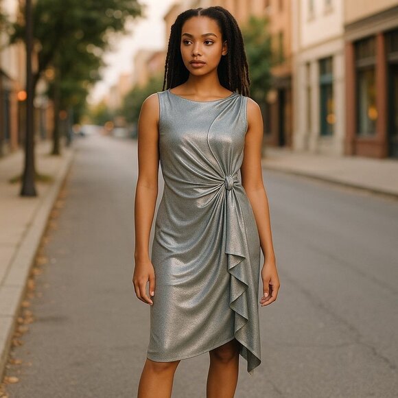 NEW Superfoxx Sz M Silver Metallic Sleeveless Dress Side Knot Asymmetric Ruffle - Picture 3 of 9